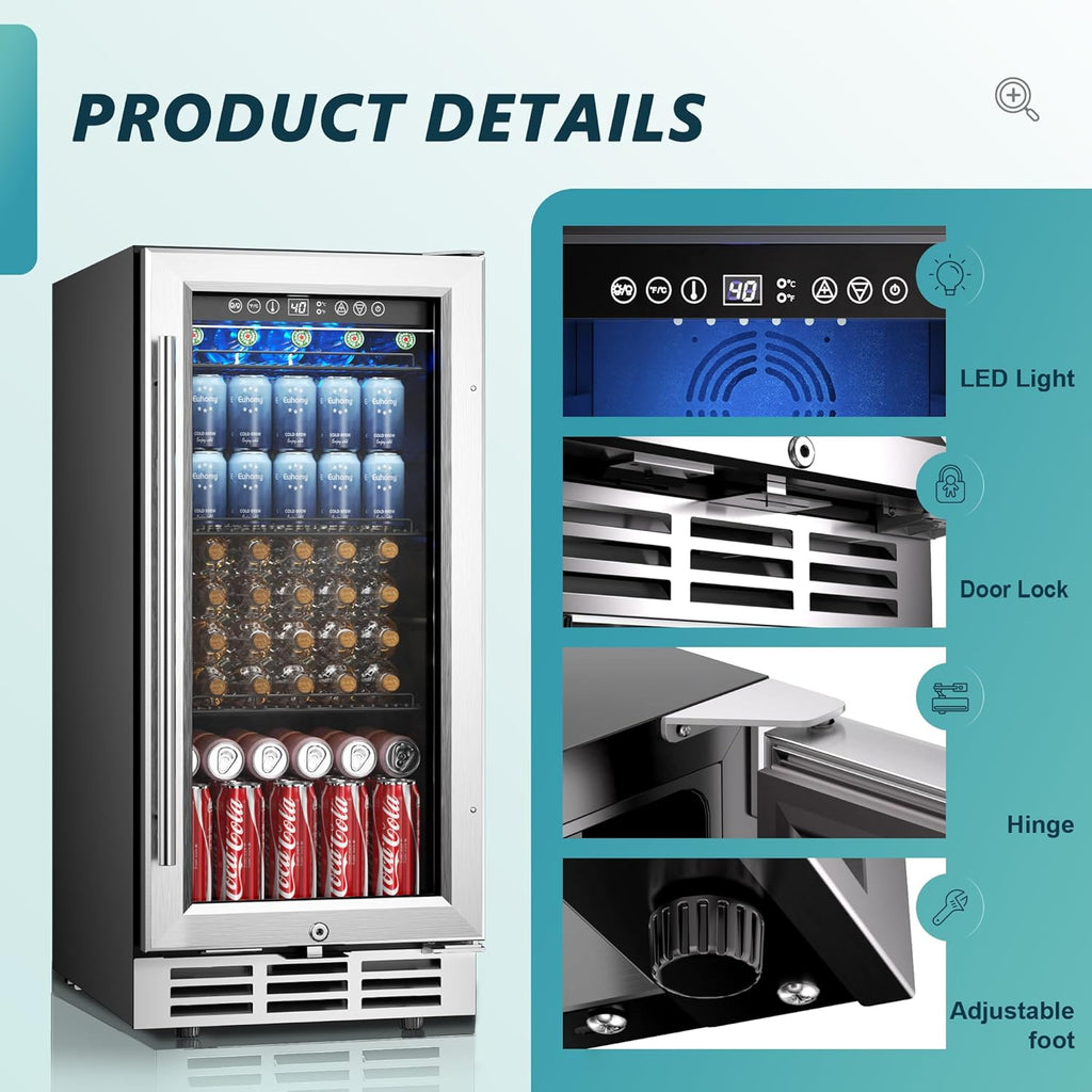 15 Inch Beverage Refrigerator Cooler Under Counter 127 Cans Beverage Fridge Buil