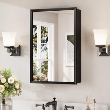 Black Medicine Cabinet Mirror 16 x 24, Stepless Adjustable Shelves