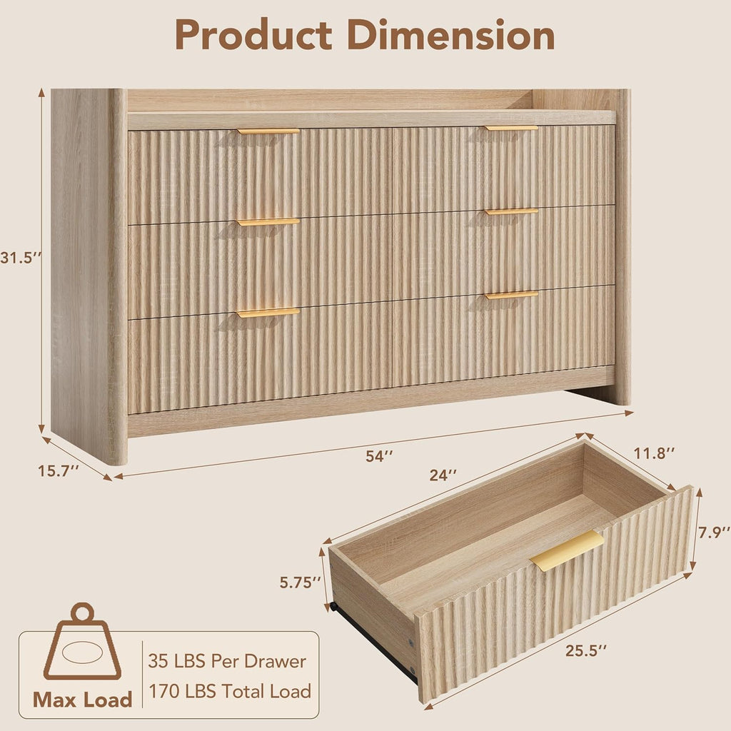 6 Drawer Dresser , Fluted Dressers with Rounded Edge & Raised Lip Top, Anti-Tip Chest of Drawers , Natural Oak