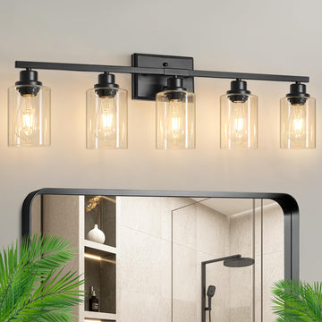 5-Light Bathroom Light Fixtures, 33 Inch Vanity Lights with Clear Glass Shade, Modern Black Finish Wall Light for
