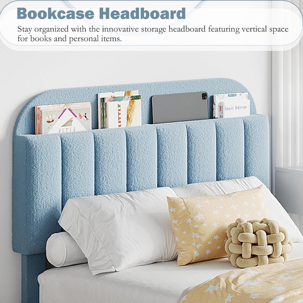 Twin Bed Frame for Kids, Boucle Upholstered Platform Bed for Boys with 2 Flexible Drawers, Bookcase Headboard