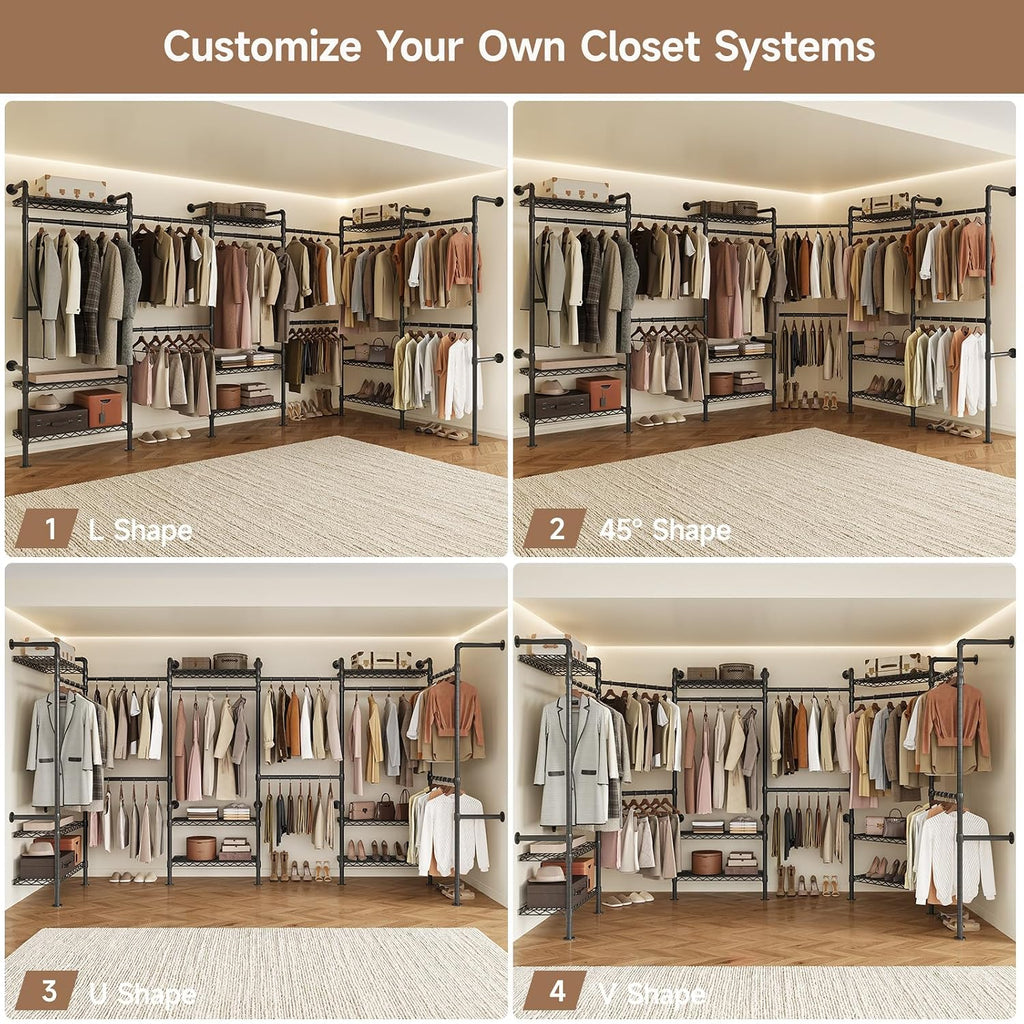 Wall Mounted Garment Rack, Industrial Pipe Clothing Rack, Closet System with 6 Expandable Rods, Walk in Closet