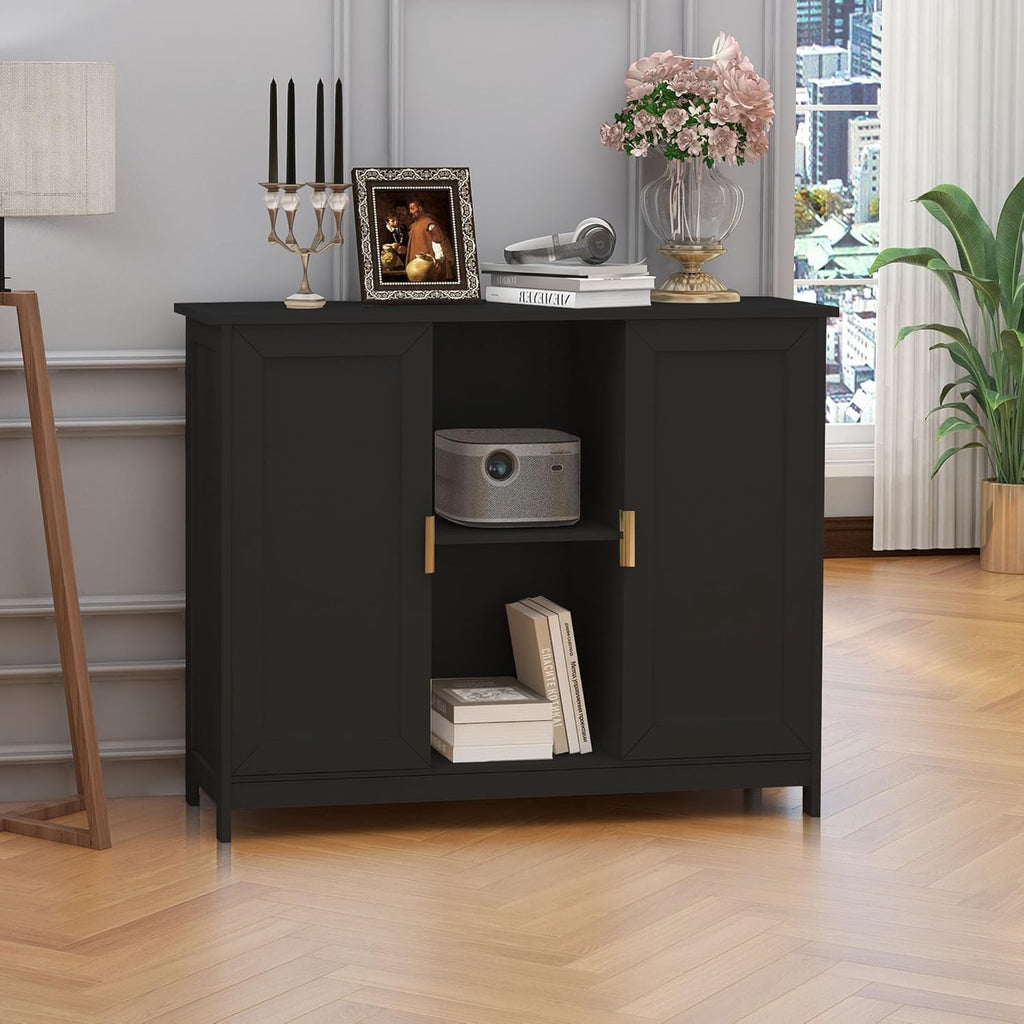 Black Buffet Cabinet,Modern Narrow Sideboard Buffet Cabinet Wooden Side Table with Storage,Black Accent Cabinets