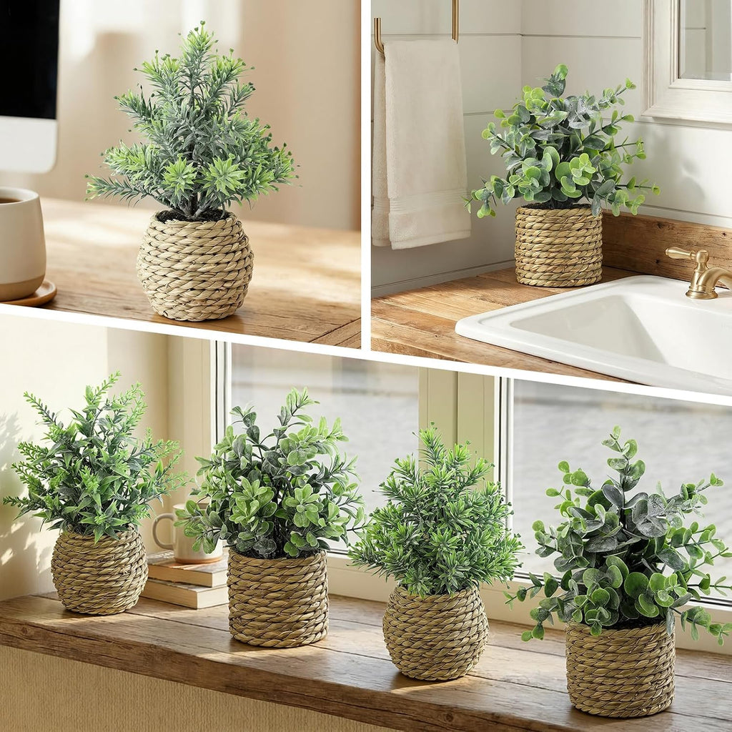 Small Fake Plants, 4 Pack Artificial Plants in Handwoven Seagrass Baskets | Natural Woven Texture, 4 Unique Plant
