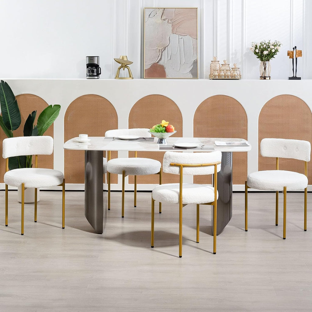 White Boucle Dining Chairs Set of 4, Modern Kitchen Chairs with Gold Metal Legs and Curved Backrest, Round Dining