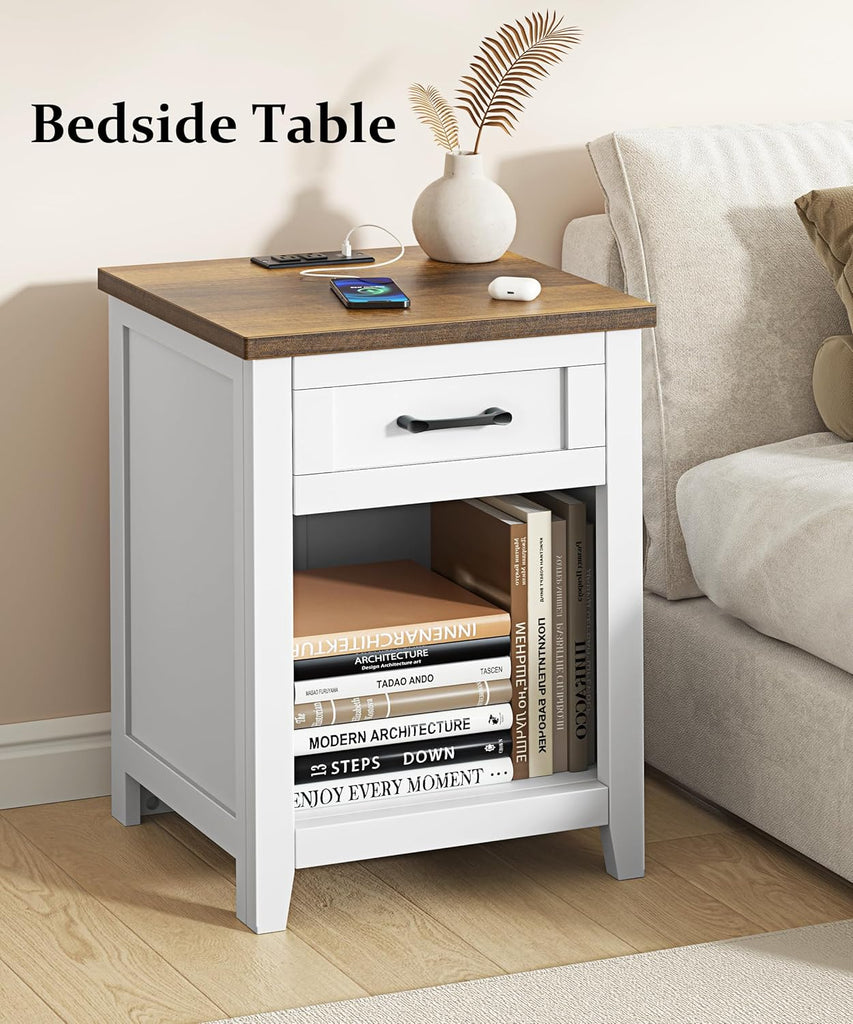 Farmhouse Nightstand with Charging Station & Large Storage, Set of 2 Modern End Tables with Outlets, USB Ports and