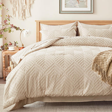 Comforter Set 7 Pieces, Beige Tufted Bed in a Bag with Comforter and Sheets