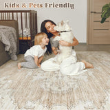 8x10 Washable Vintage Area Rug, Low Pile Non-Slip Neutral Carpet for Bedroom Dining Room Beige