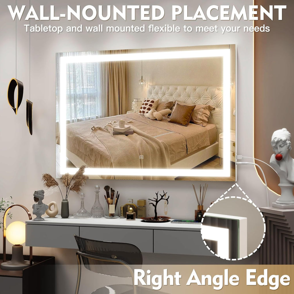 Vanity Mirror with Lights, 32" x 22" Large Lighted Vanity Mirror with Dimmable 3 Modes, LED Makeup Mirror, USB