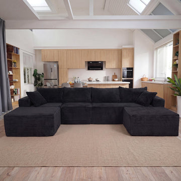 120" Boneless Couch, U-Shape Corduroy Sectional Sofa, Black