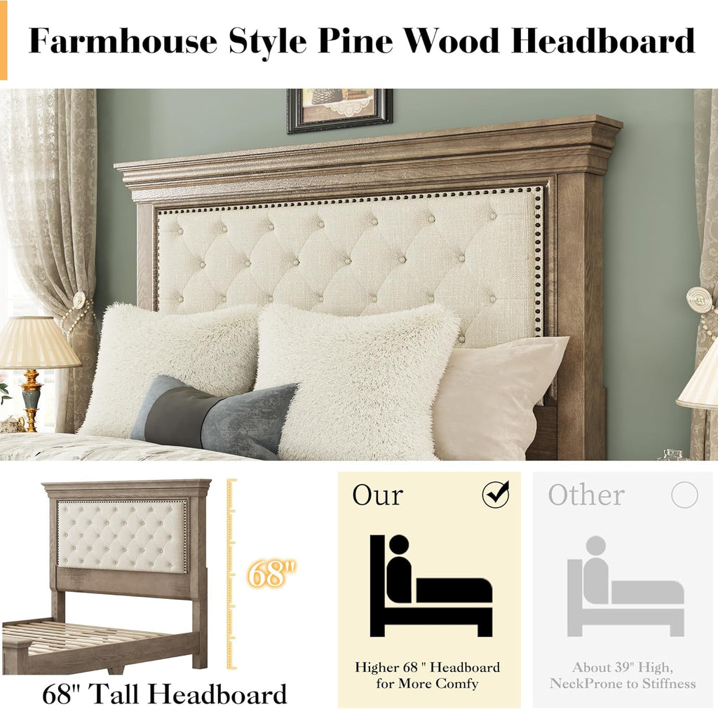 Solid Pine Wood Queen Bed Frame with 69" High Upholstered Headboard, Transitional Style Platform Bed, No Box Spring