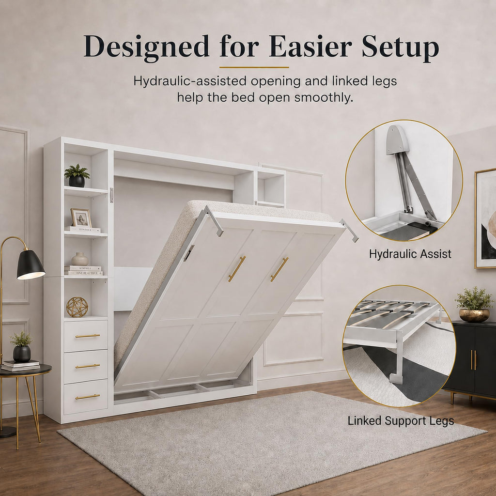 Queen Murphy Bed with Side Storage Cabinets, White Space-Saving Wall Bed