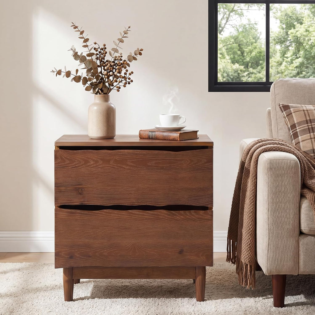 Solid Wood Nightstand with 2 Drawers, 24" Wide End Table | Tall Wooden Mid-Century Modern Night Stand, Farmhouse