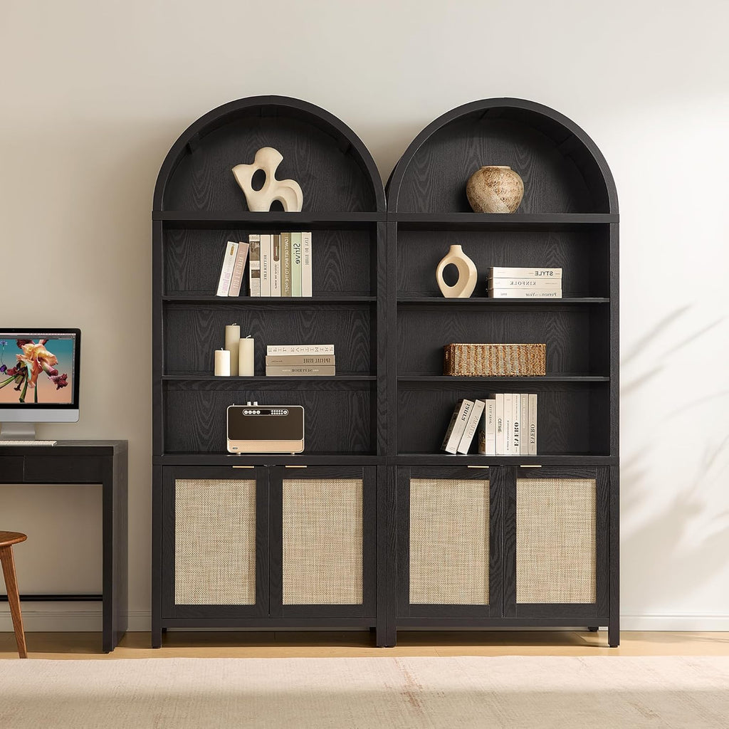 Book Shelf Arched Cabinet Bookshelf Arch 84.2" Tall Bookcase 5 Tier Large Bookshelves with Doors Storage Rattan Boho