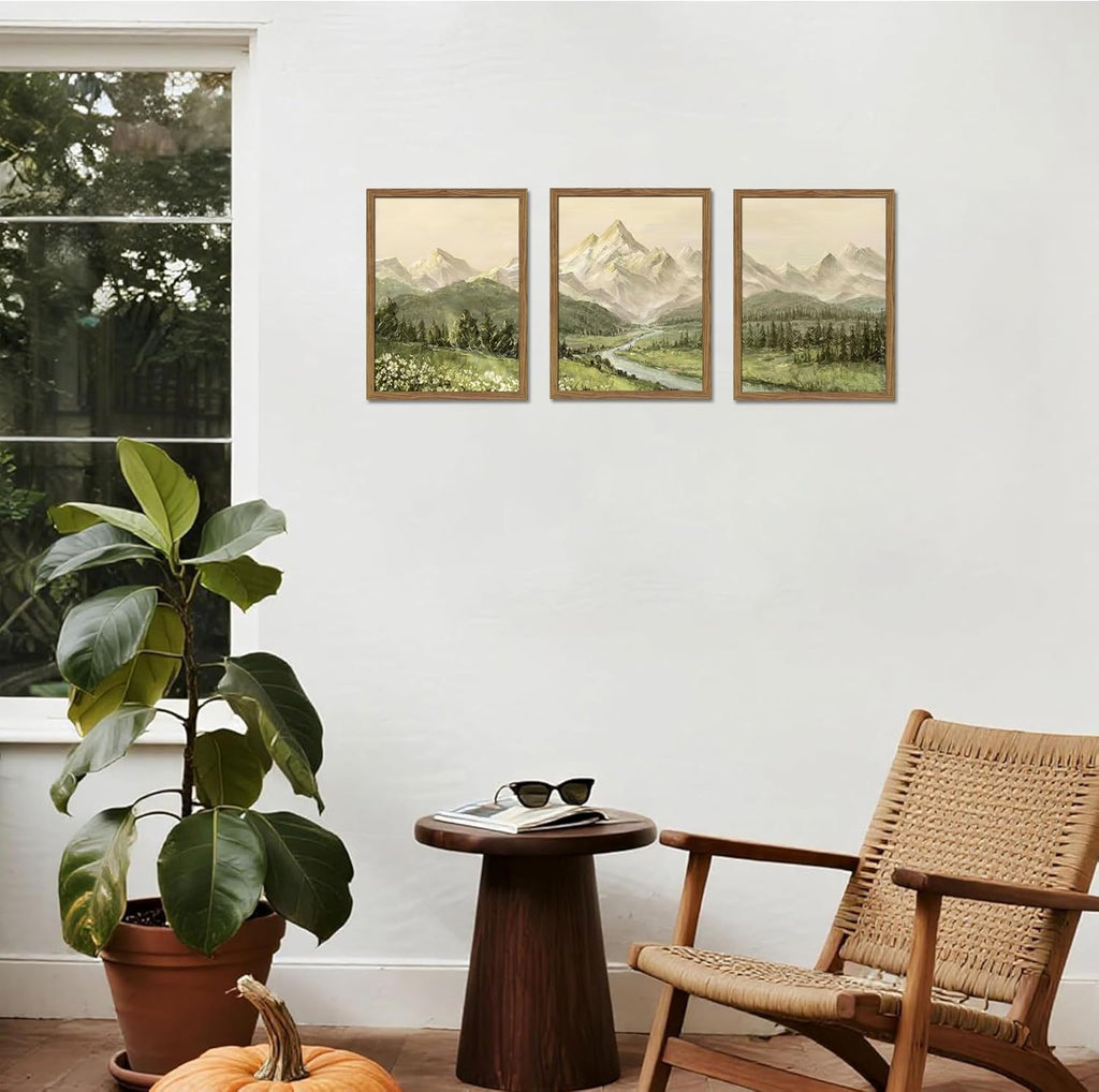 Framed Mountain Wall Art , Green Nature Landscape Canvas Wall Decor Set of 3, Vintage Forest Rustic Farmhouse Prints