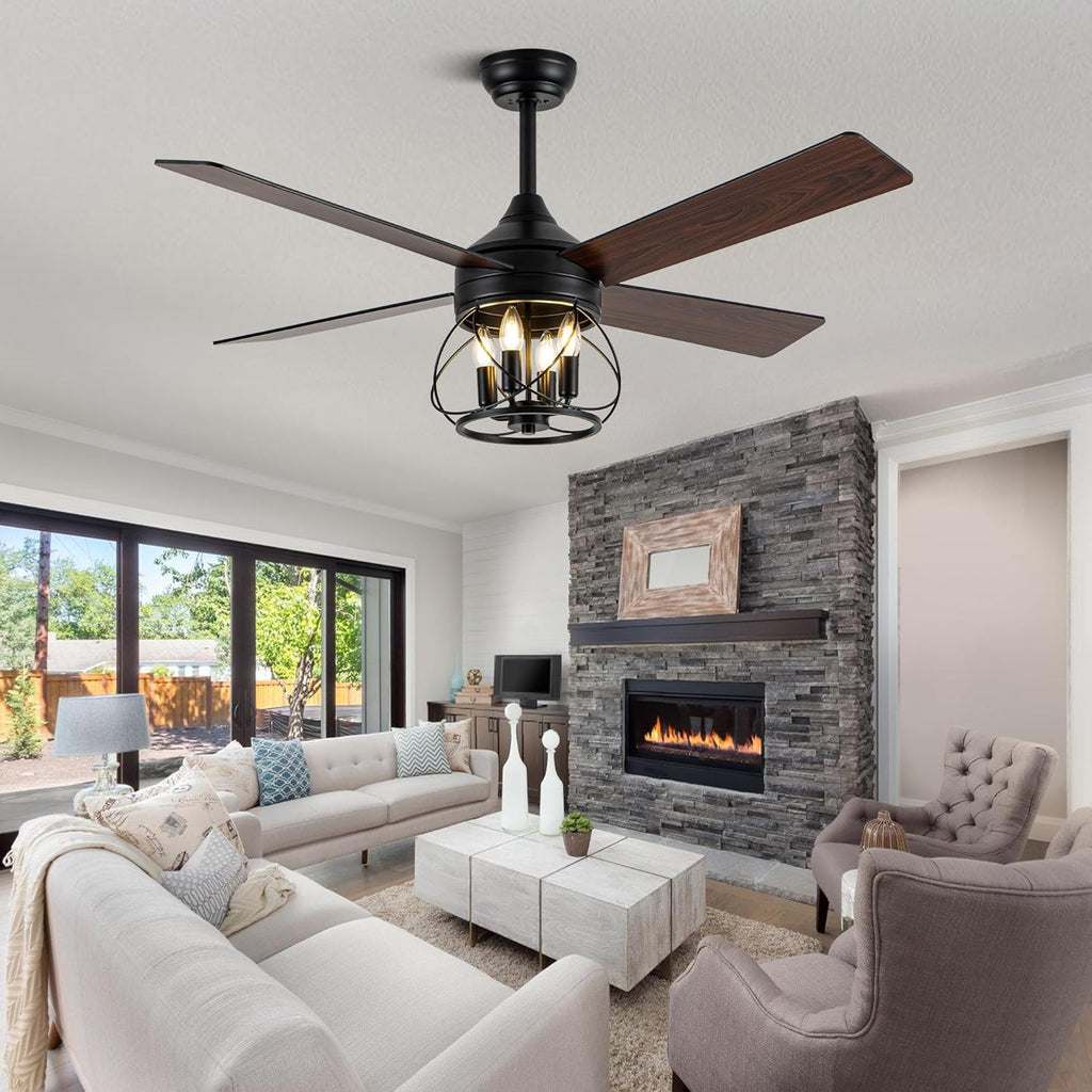52 Inch Ceiling Fans with Lights, Modern Farmhouse Caged Ceiling Fan, Reversible Motor, 4 Double Finish Wood Blades