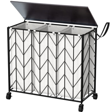 Laundry Hamper 3 Section with Lid, 142L Laundry Basket with Wheels