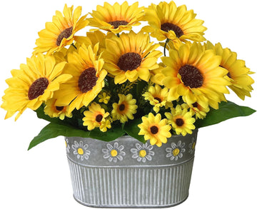 Artificial Flowers Fake Sunflowers in Pot, Faux Silk Flowers Floral Table Centerpiece Decoration, Rustic Potted - Set of 3