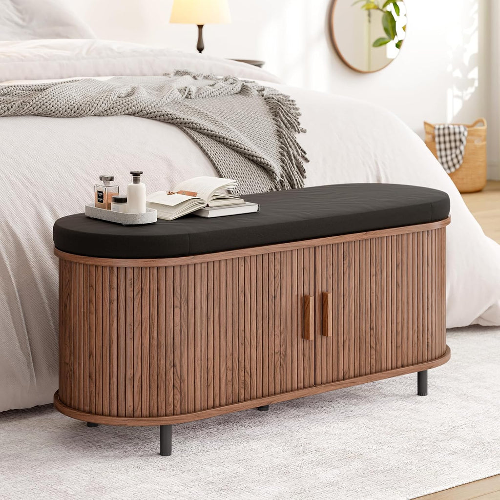 43" Shoe Bench with Storage, Fluted Shoe Storage Bench with Cushion, Sliding Door and Adjustable Shelf, , Walnut