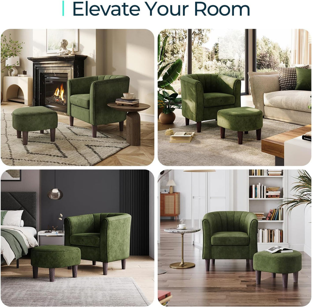 Accent Chair with Ottoman, Modern Barrel Chair Comfy Armchair Reading Chair with Footrest, Small Round Arms Chair
