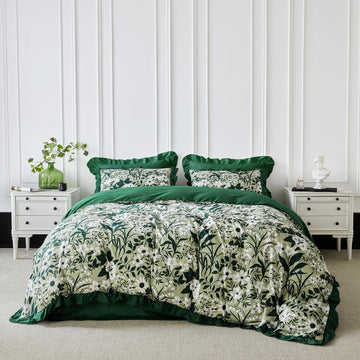 Green Botanical Ruffle Duvet Cover 100% Cotton 3 Pcs Set