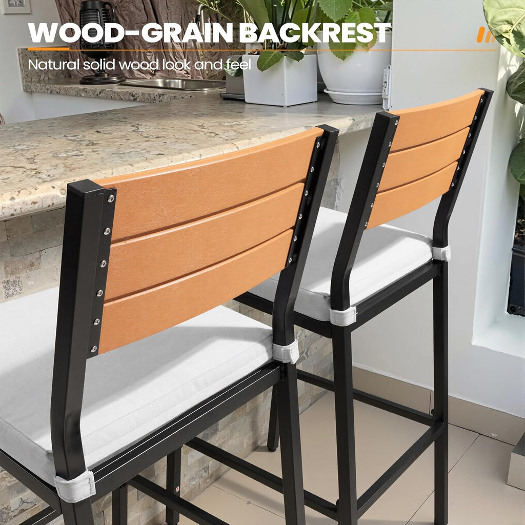 Outdoor Bar Stools Set of 4, Patio Counter Height Barstools with Cushions, Tall Chairs with Back and Footrest, Lawn