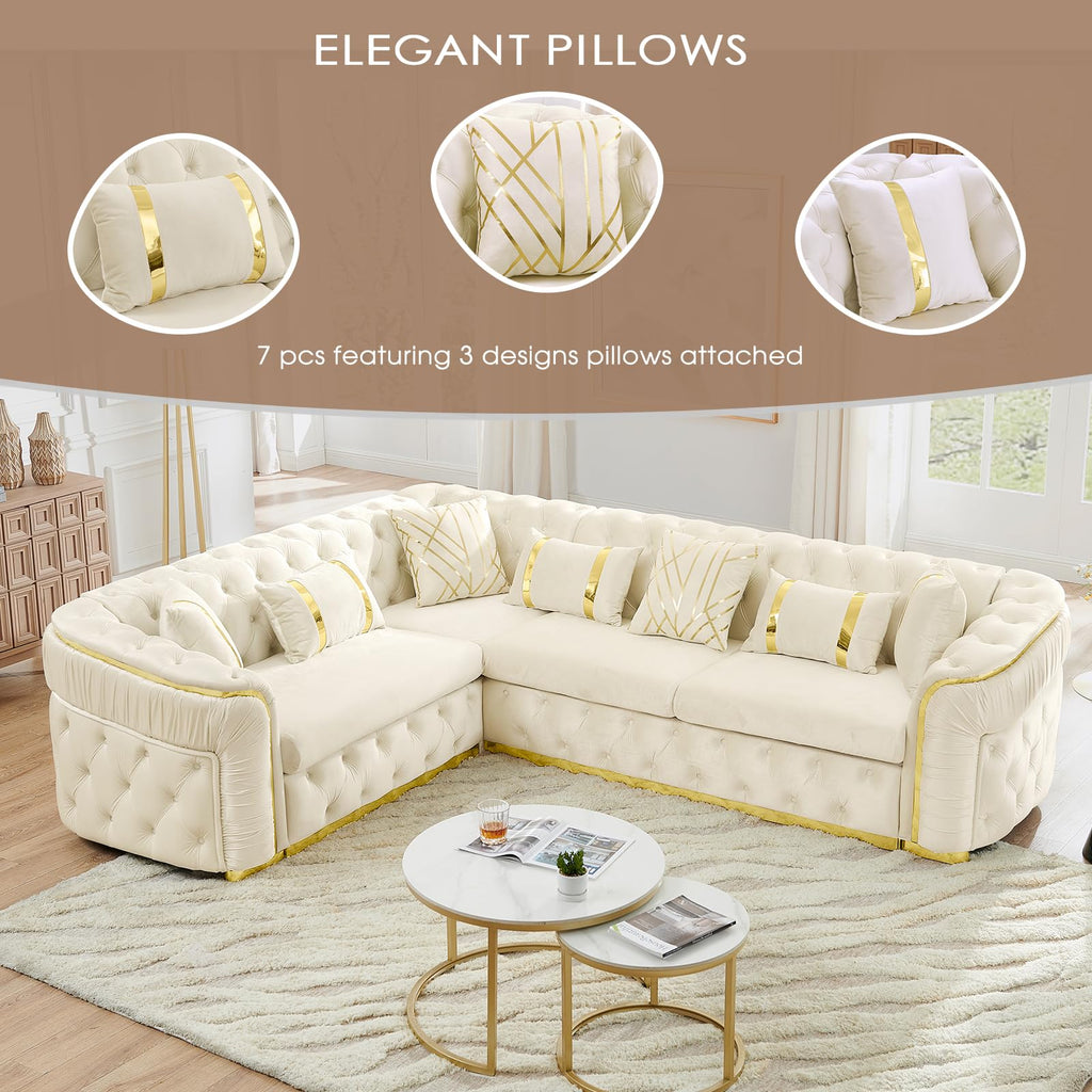 Oversize Luxury Sectional Couch 110.5" Velvet Chesterfield Sofa, Cream White and Gold Sofas with Metal Accents