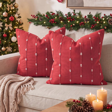 Red Boho Linen Throw Pillow Covers 18x18 Inch 2PC