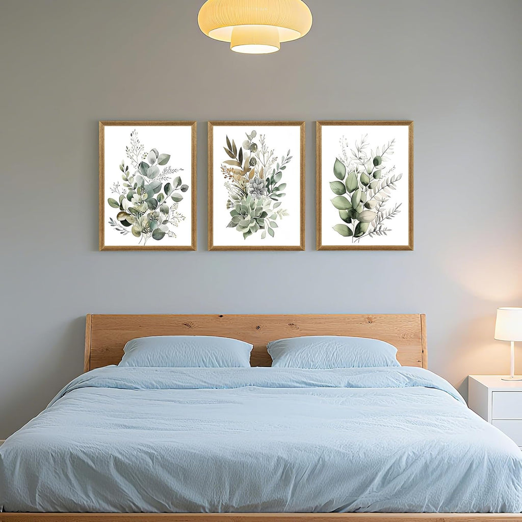 3Pcs Framed Wall Art Floral Wall Decor Living Room Canvas Art Botanical Pictures Sage Green Paintings Boho Artwork