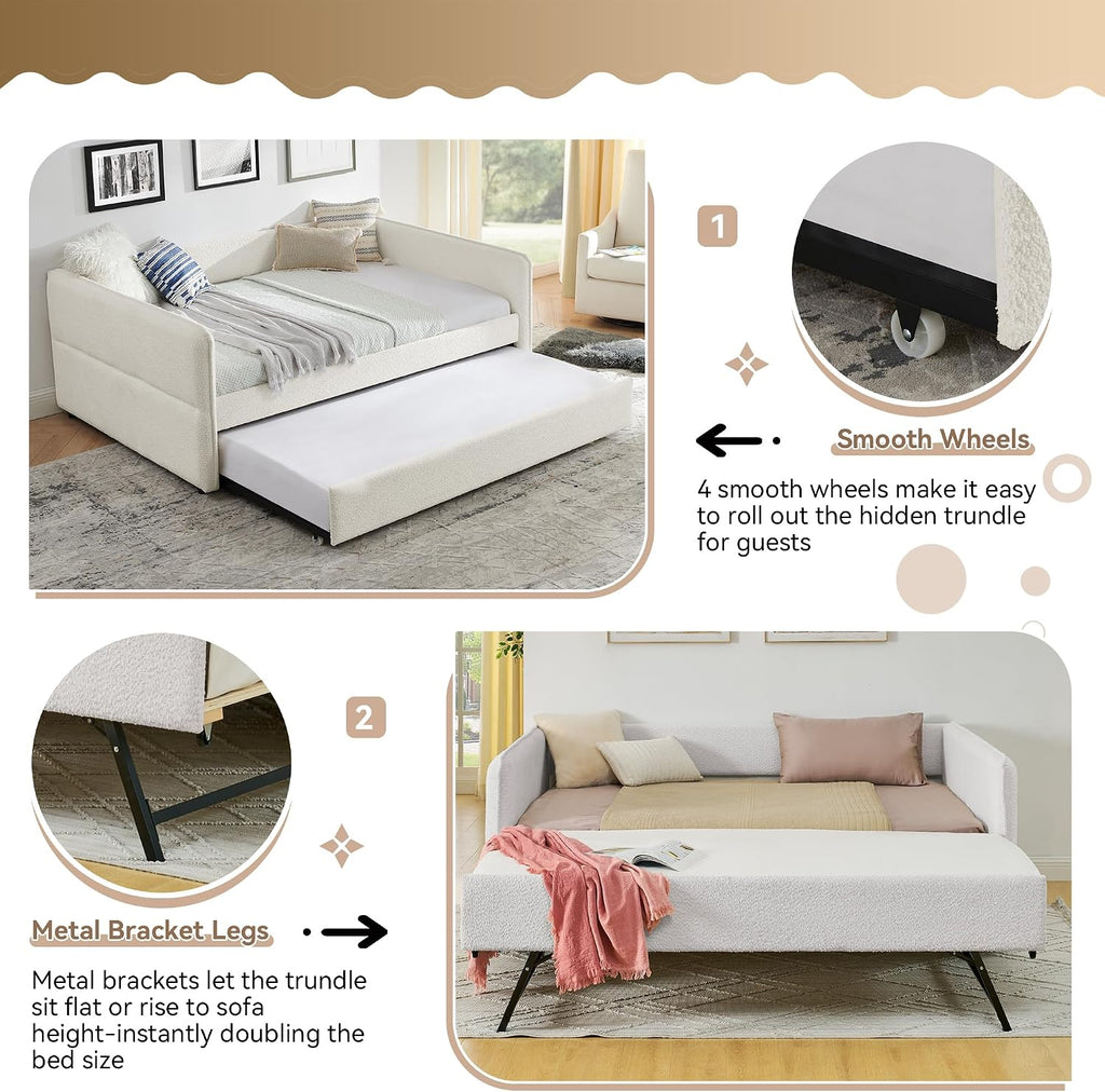 Full Daybed with Pop Up Trundle, Boucle Upholstered Daybed with Trundle, Full to King Expandable Day Bed with Wood