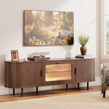 70" TV Stand with Led Lights & Power Outlet for Tvs 80", Entertainment Center with Sliding Door & Thicken Glass Door
