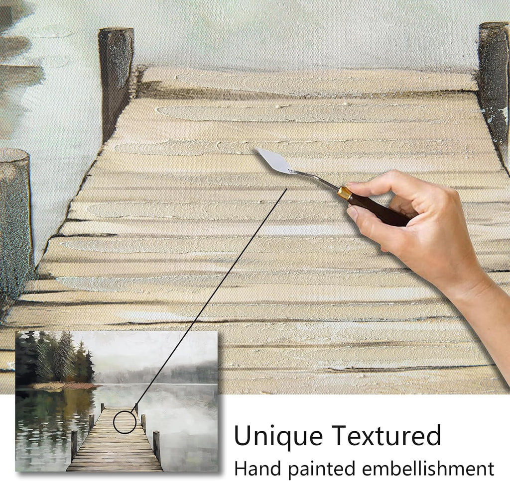 Nature Landscape Large Wall Art Canvas Picture,Horizontal Dock Forest Artwork Decor,Modern Hand Painted Textured Lake