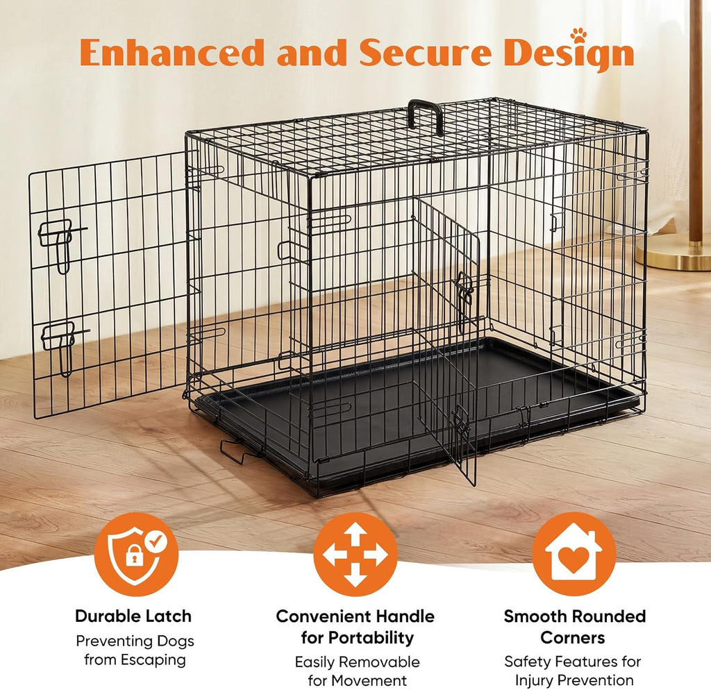 Large Dog Crate, 36 Inch Double Door Folding Metal Wire Dog Cage with Plastic Leak-Proof Pan Tray