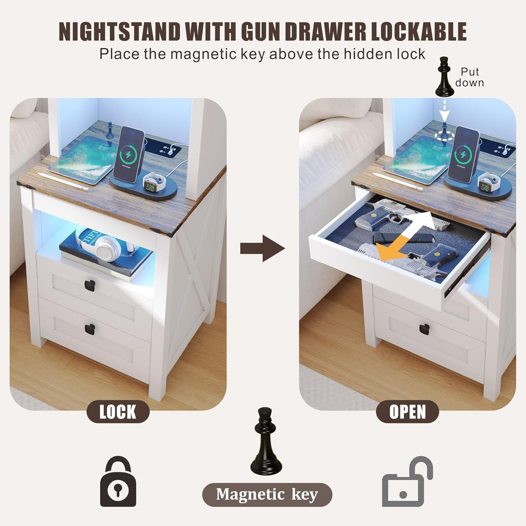 Tall Nightstand with Gun Drawer, LED Lights&Charging Station, Farmhouse | Adjustable Shelves, USB & Type-C Charging