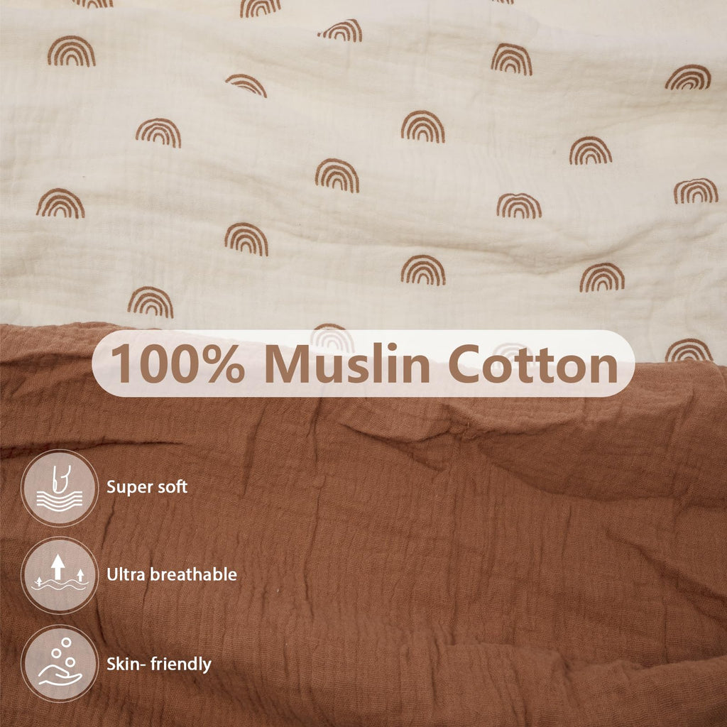 Soft Muslin Baby Mini Crib Sheets, Brown & Rainbow, 2 Pack