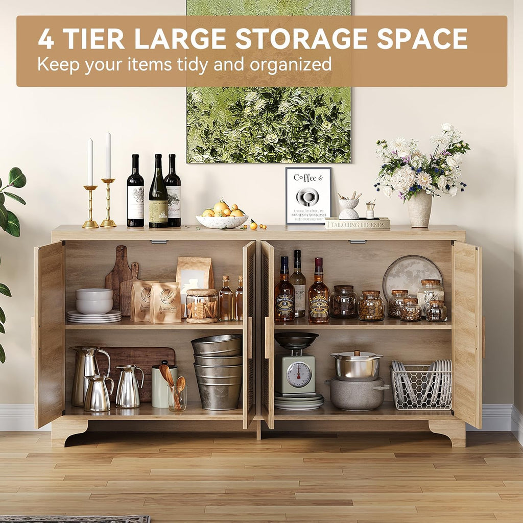 4-Door Sideboard Buffet Cabinet, Natural Rattan Storage Cabinet, Boho Entryway Console Table