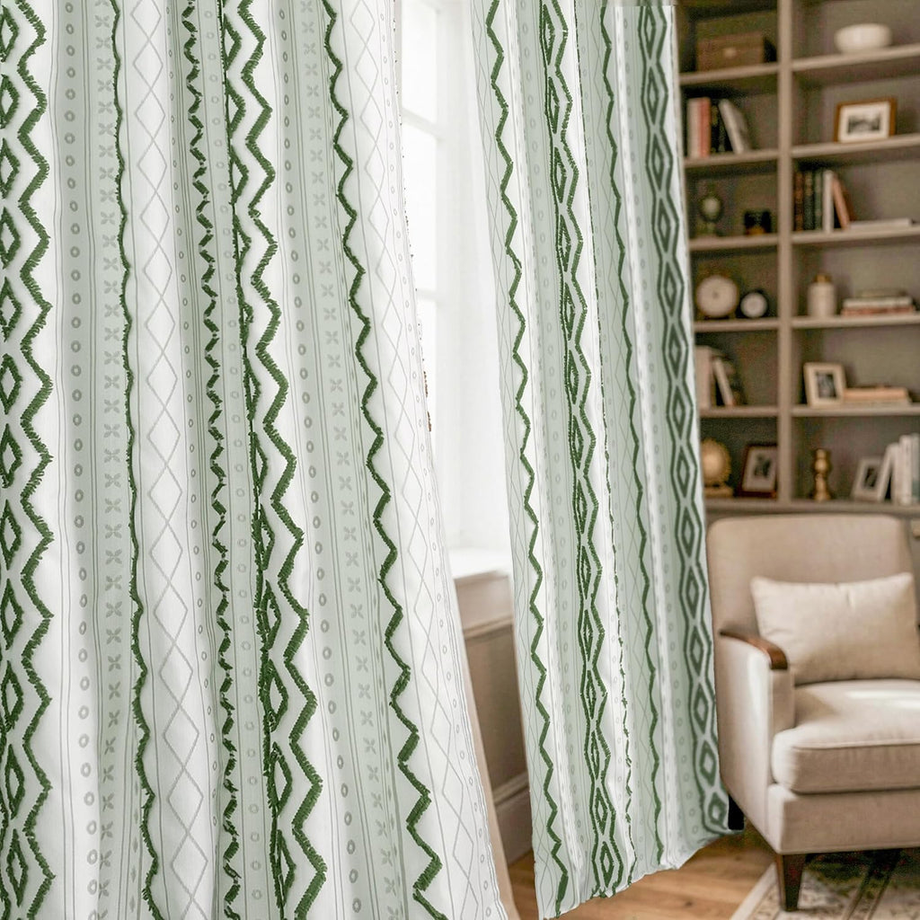 Green Boho Curtains with Tufted Pom Stripe Geometric, Linen Jacquard Pattern Drapes with Grommet for Living Room