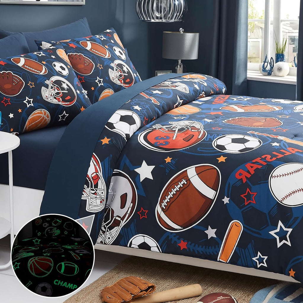 Comforter Set for Boys-5 Pieces Sports Ball Games Glow in the Dark Bedding Sets for Kids, Soft Bed in A Bag