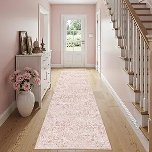 Pink 2x10 Runner Rug for Hallways Bed Side Kitchen, Boho Washable Distressed Low-Pile Floor Entryway Long Bathroom