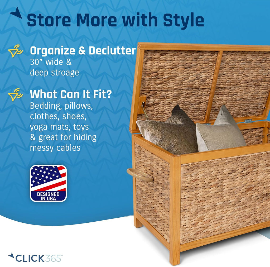 Wilson Wicker Storage Trunk with Lid, 30 Inch Handwoven Water Hyacinth Storage Chest with Acacia Wood Frame