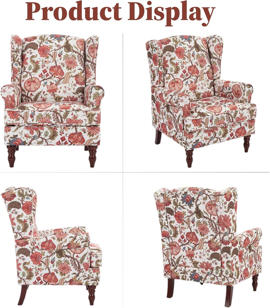 Mid Century Floral Wingback Accent Chair Floral Red | High Back/Retro Wooden Legs/ Breathable Linen Fabric