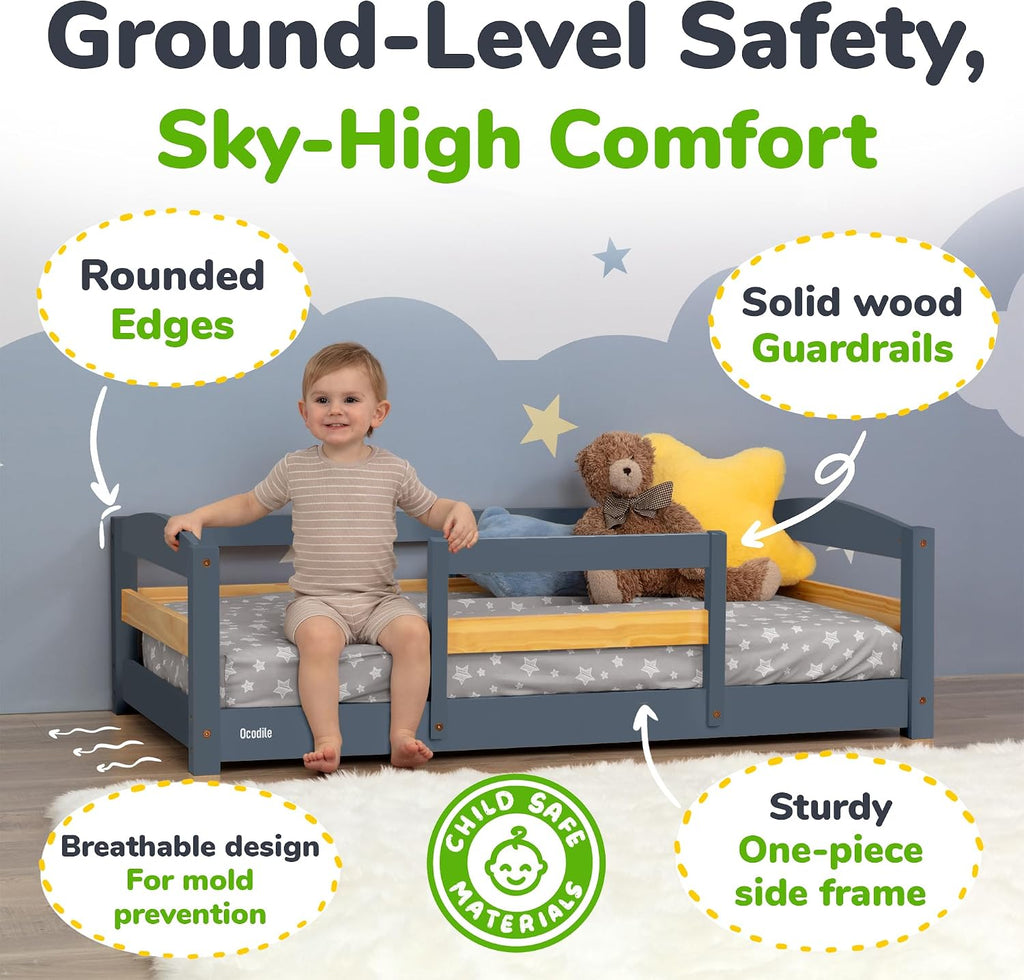 Toddler Bed with Rails | Low Montessori Floor Bed Frame for Kids | Standard Crib Size Wooden Frame for Independent