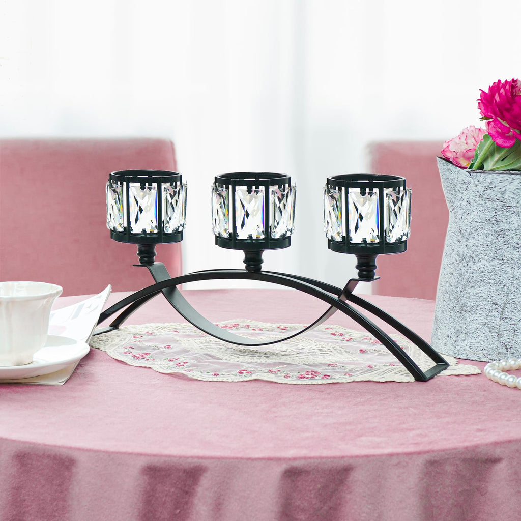 Black 3-Arm Crystal Candle Holders Arched - Elegant Tabletop Candelabra Centerpiece for Weddings, Dining Room Decor