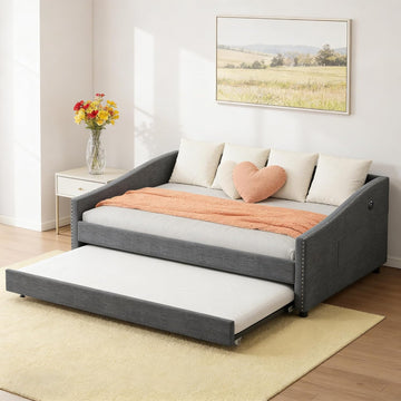 Full Size Daybed with Trundle, USB Port & Side Storage Bag | Linen Fabric, Button Tufted Back, Waved Piping