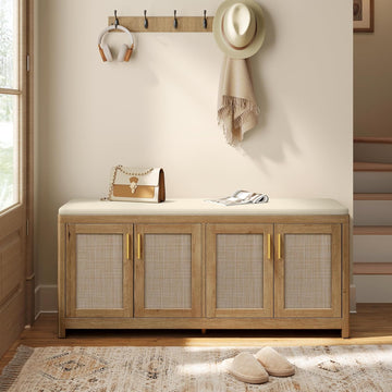 Boho Shoe Bench with Cushion, Entryway Storage Bench with 4 Rattan-Look Cabinet Doors, Rounded Corners