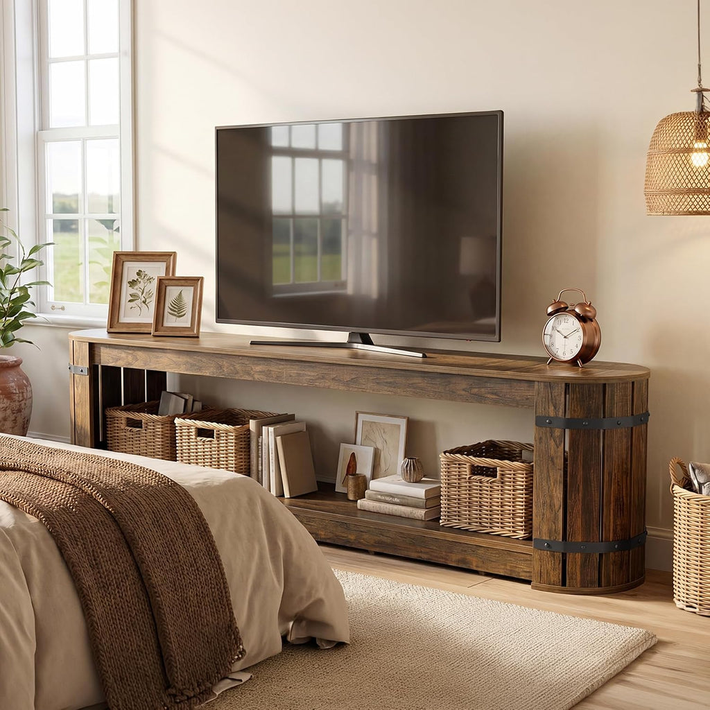 82.68 Inch TV Stand for TVs up to 90 Inch, Long TV Console Table | 2-Tier Storage Media Entertainment Center for Living Room, Entertainment Room, Vintage Barrel Style, Rustic Brown