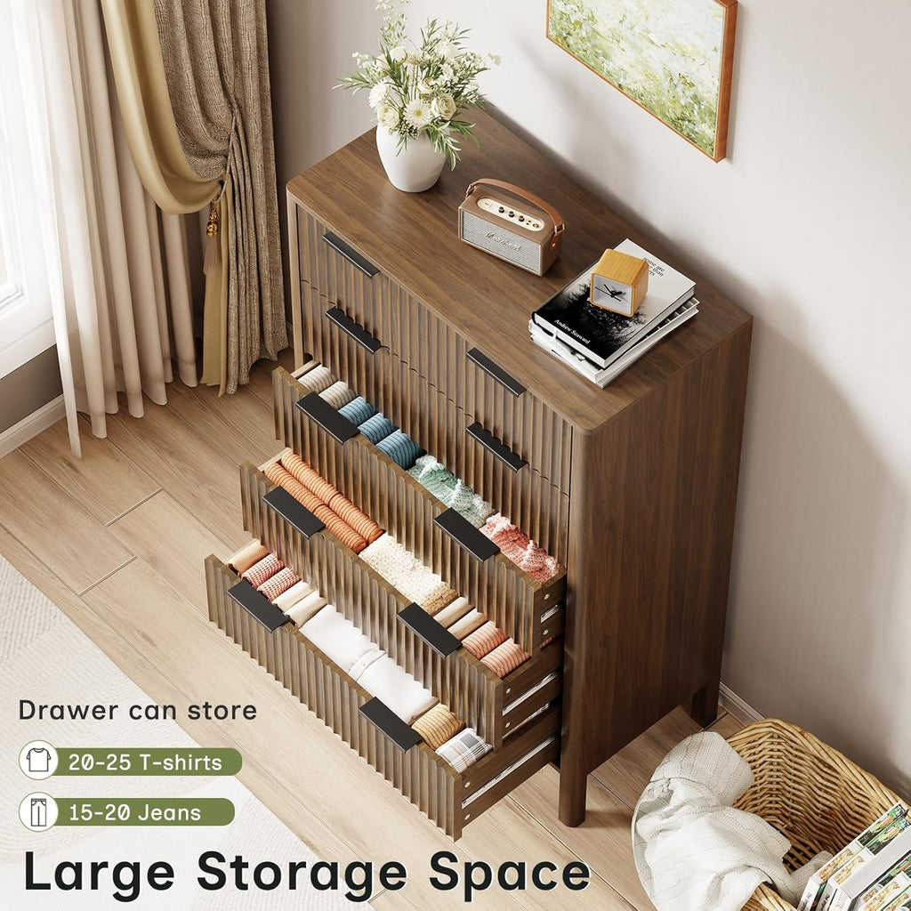 47 Inch Tall Dressers Fluted 5 Drawer Dresser, Wooden Dresser Modern Chest of Drawers Dressers with Organizer Storage