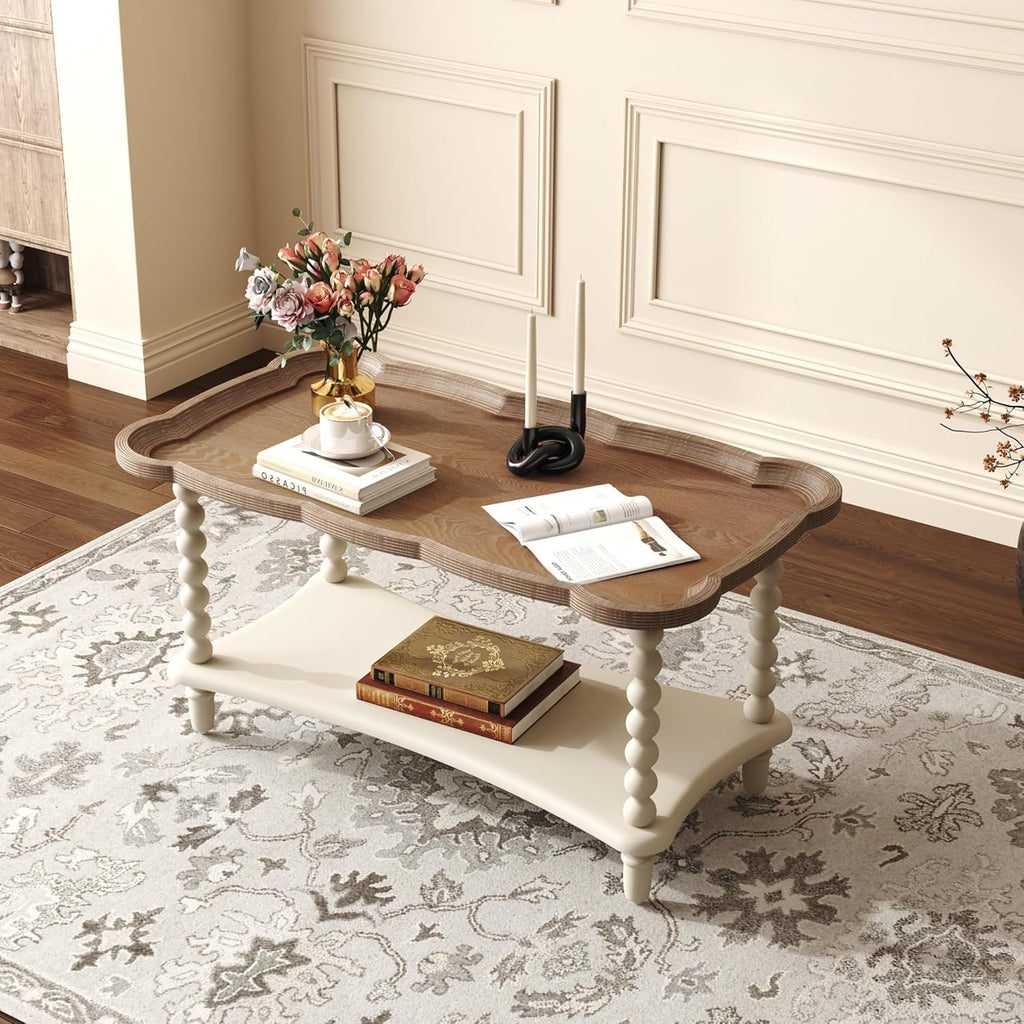 Farmhouse Coffee Table, Rustic White French Country Center Table with Storage Shelf, Wood Coffee Tables Dining Room