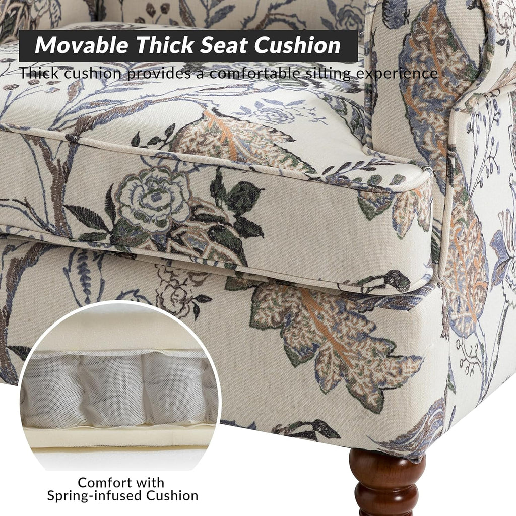 Wingback Accent Chair with Retro Wood Legs, Traditional Fabric Armchair Bedroom, Comfy Upholstered Single Sofa Chair