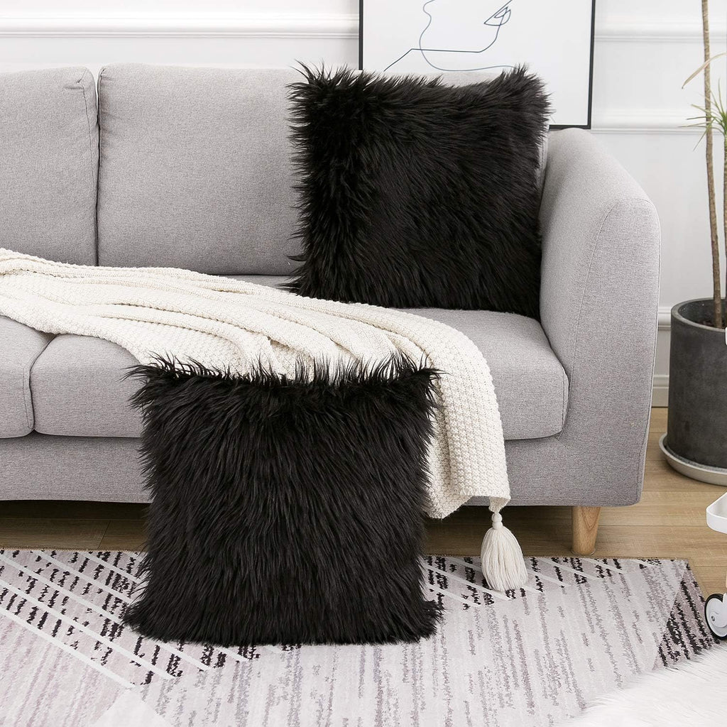 Black Faux Fur Throw Pillow Covers 18x18 Inch Set of 2, Luxury Fluffy Shaggy Plush Cushion Cases, Soft Fuzzy Pillow